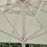 White outdoor umbrella top with a neutral pole and a clean, streamlined design. Ideal for patio aesthetics.