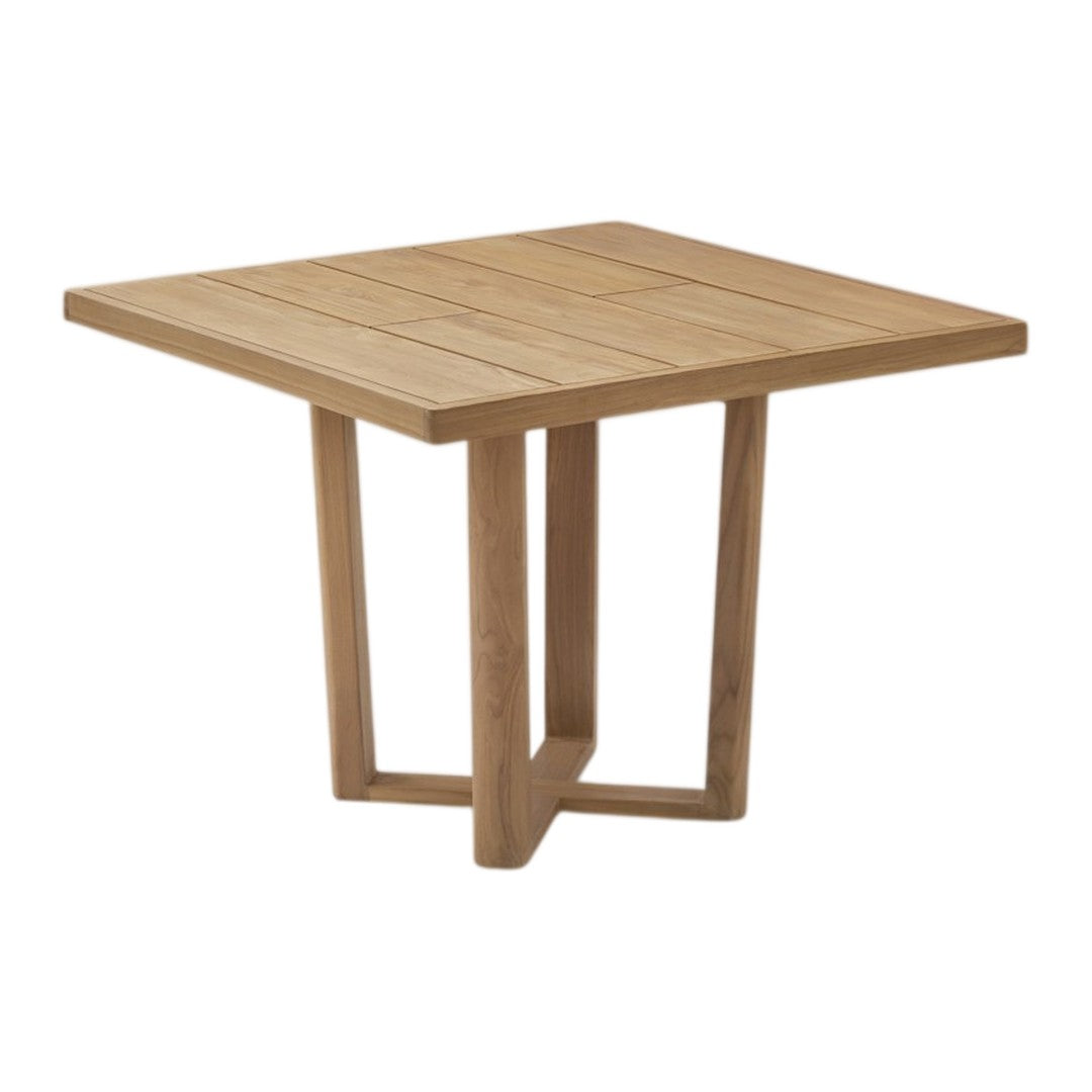 Natural wood square table with a smooth, slatted surface and minimalistic design, showcasing warm honey tones.