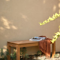 Natural wood bench with rich brown tones, paired with a rust-colored throw and greenery against a neutral wall.