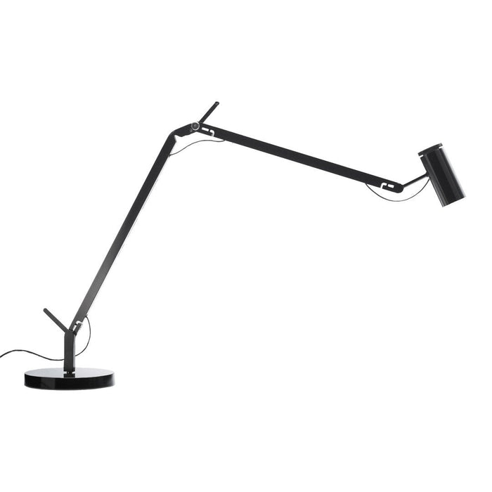 Black adjustable desk lamp with sleek lines and a modern aesthetic. Ideal for contemporary workspace lighting.