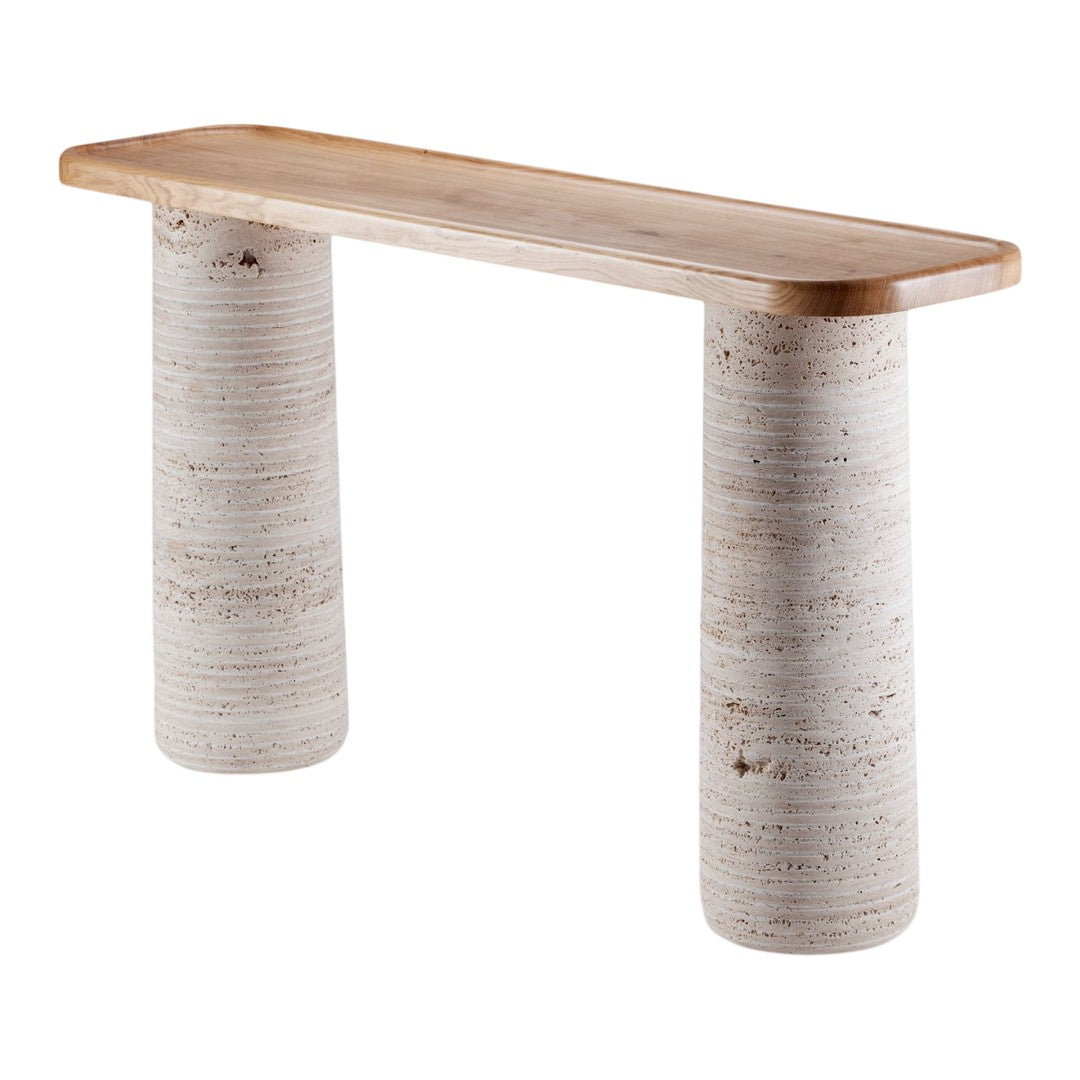 Natural wood tabletop with light textured stone legs in white and gray tones. Modern and minimalist design.