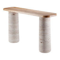 Natural wood tabletop with light textured stone legs in white and gray tones. Modern and minimalist design.