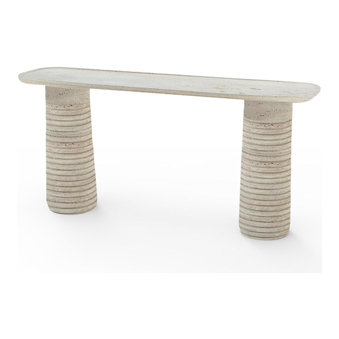 Neutral-toned console table with smooth top and textured, ribbed cylindrical legs, perfect for modern decor.
