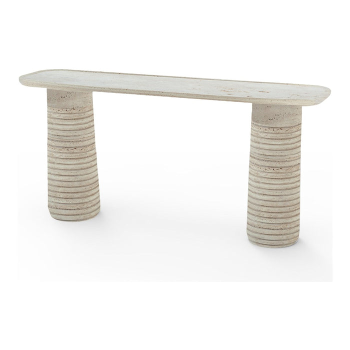 Neutral-toned console table with smooth top and textured, ribbed cylindrical legs, perfect for modern decor.