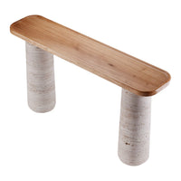Natural wood top with smooth finish, paired with textured white columns for a modern, minimalist look.