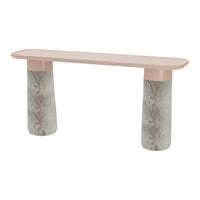 Stylish pink top console table with elegant marbled gray cylindrical legs. Perfect for modern decor.