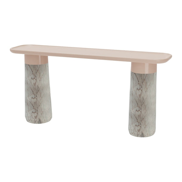 Stylish pink top console table with elegant marbled gray cylindrical legs. Perfect for modern decor.