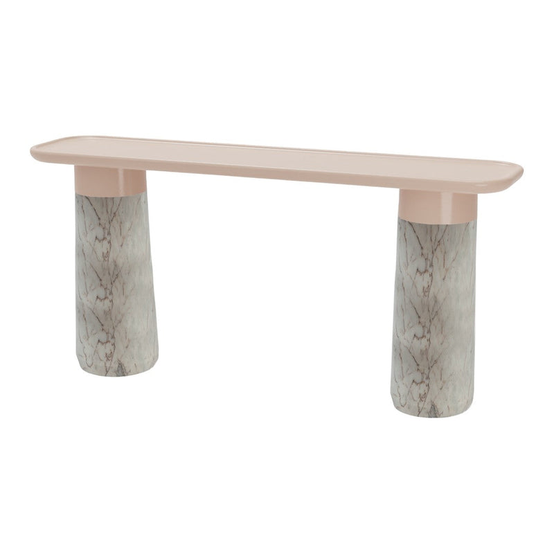 Stylish pink top console table with elegant marbled gray cylindrical legs. Perfect for modern decor.