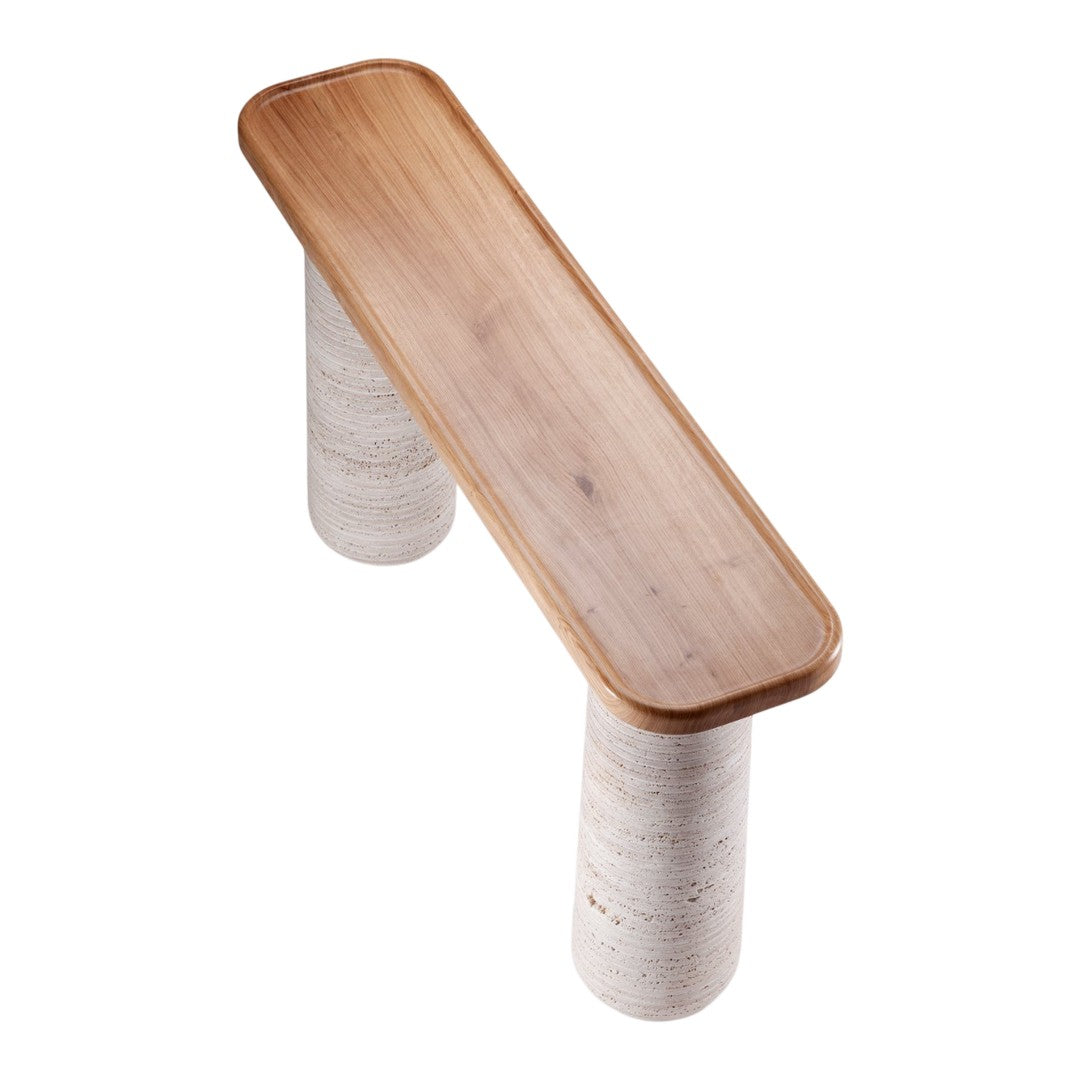 Natural wood top with smooth finish, supported by textured white stone pillars. Modern and minimalist design.