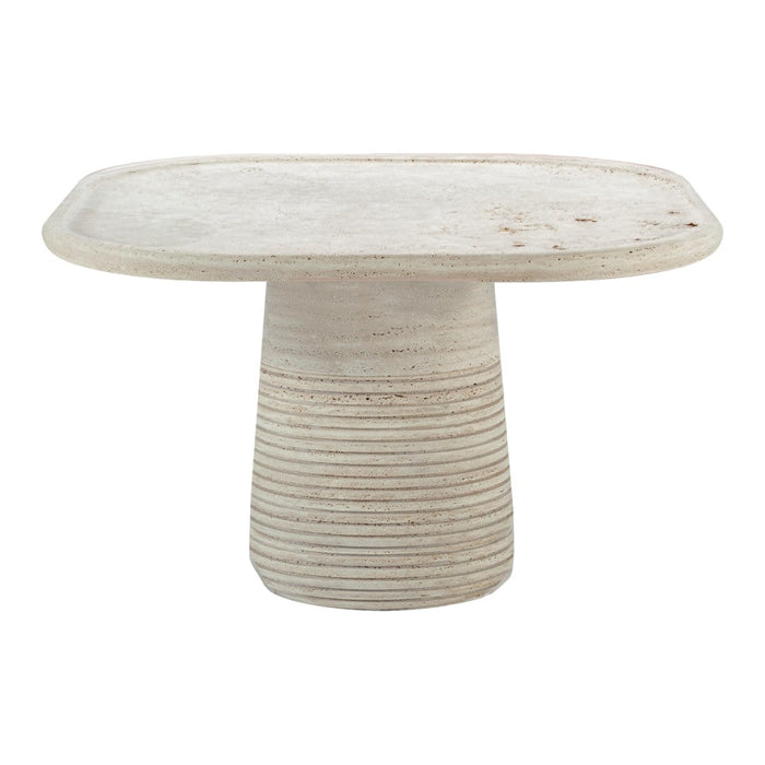 Textured beige table with a square top and ribbed cylindrical base. Elegant, neutral tones add a modern touch.