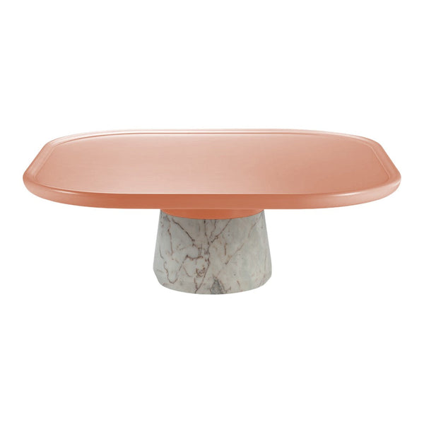 Peach-colored oval tabletop with a smooth finish, supported by a sleek marble pedestal in a stunning gray and white pattern.