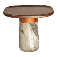 Wooden top with a warm brown finish, paired with a white marble base featuring subtle gray veining. Elegant and modern design.
