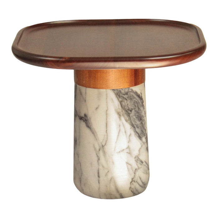 Wooden top with a warm brown finish, paired with a white marble base featuring subtle gray veining. Elegant and modern design.