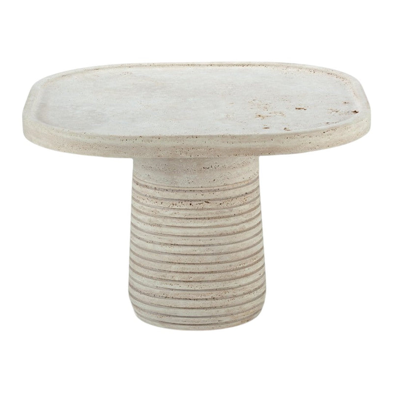 Round cream-colored side table with subtle textured lines and a smooth surface finish, featuring a minimalist design.