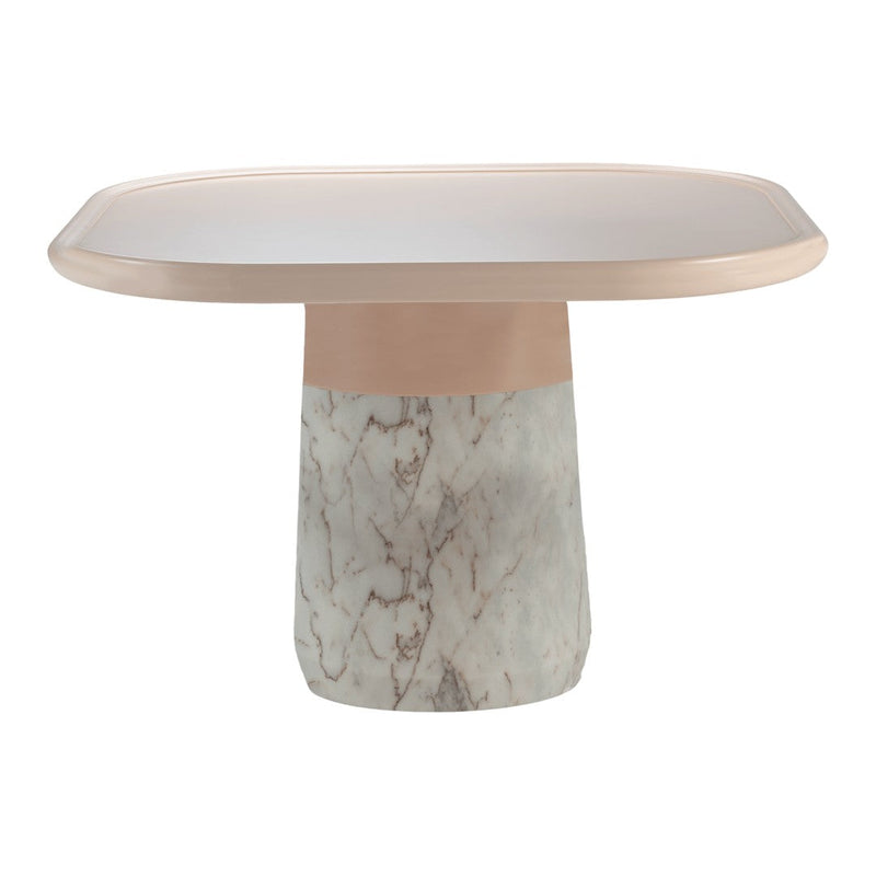 Elegant rectangular table with a smooth white top and a textured light gray marble base, accented by a soft rose gold rim.