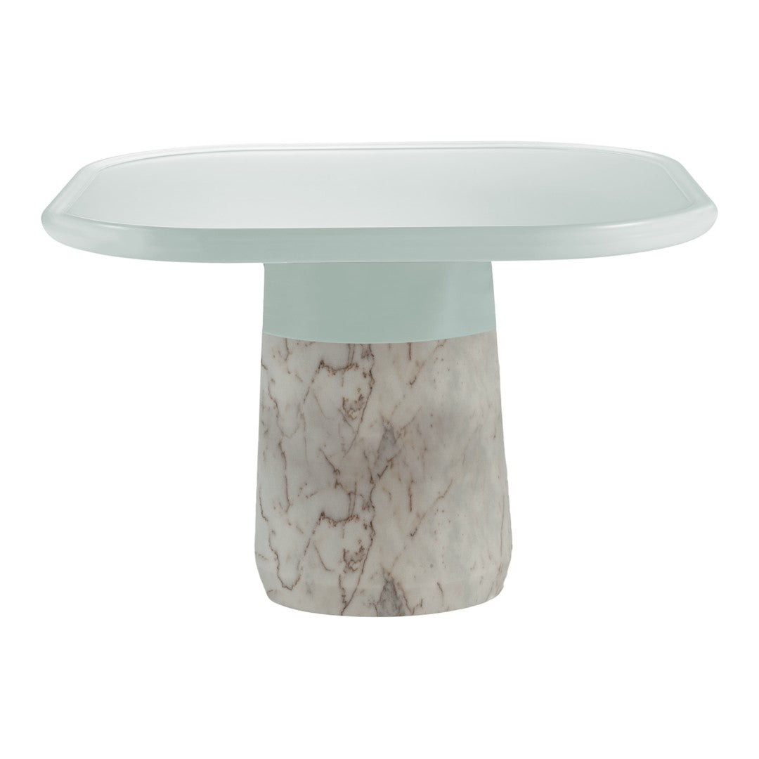 Modern table with a smooth mint green top and a marbled white base, featuring subtle gray veining patterns.