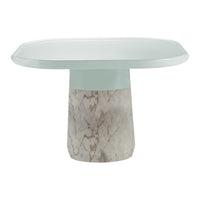 Modern table with a smooth mint green top and a marbled white base, featuring subtle gray veining patterns.