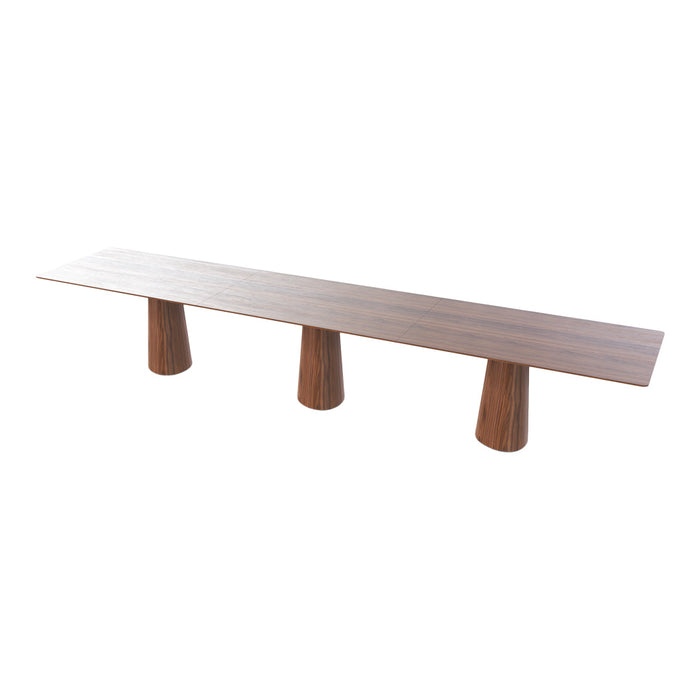 Long wooden bench with a sleek walnut finish and unique cone-shaped legs, featuring a smooth, minimalist design.