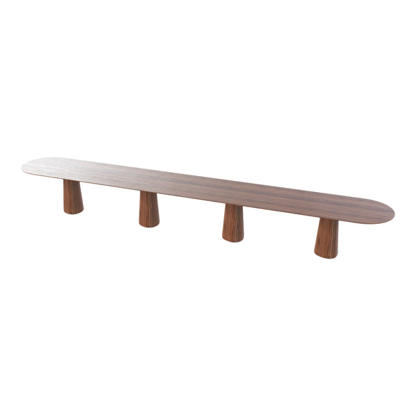 Long, oval wooden bench with a warm brown finish and minimalist, smooth design. Perfect for modern decor.