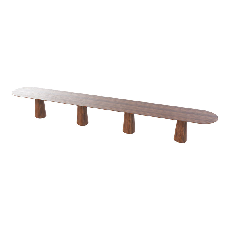 Long, oval wooden bench with a warm brown finish and minimalist, smooth design. Perfect for modern decor.