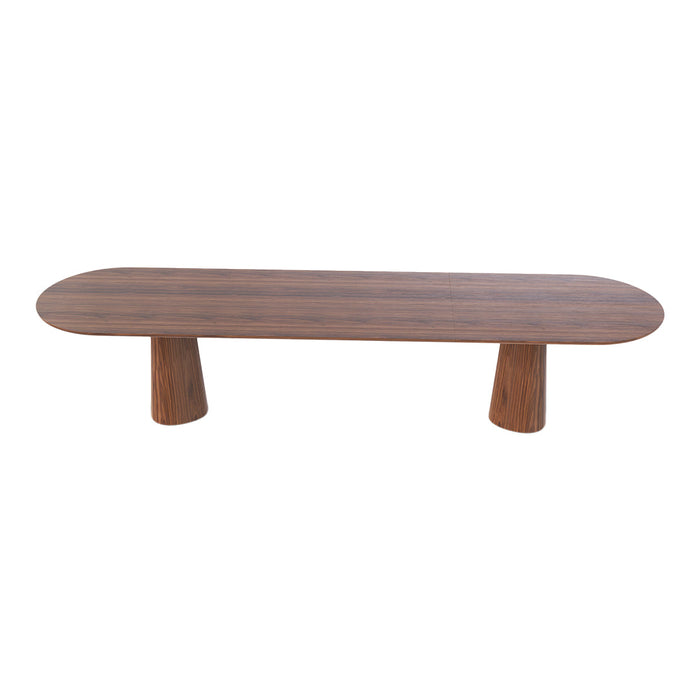 "Brown wooden coffee table with a smooth, oval top and two rounded legs, featuring a sleek, modern design."