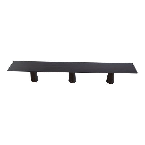 Stylish black bench with minimalist design and solid color, featuring three tapered legs for modern elegance.