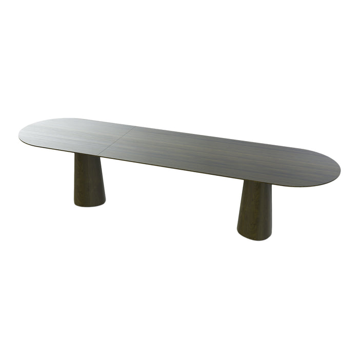 Sleek oval-shaped table in a dark wood finish with minimalist curved legs, showcasing a modern and elegant design.