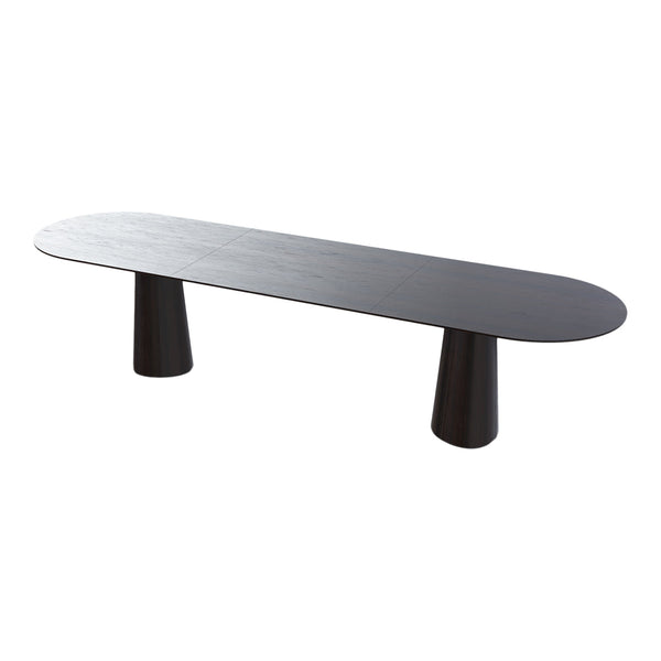 Sleek black oval coffee table with smooth surface and minimalist conical legs for modern decor.