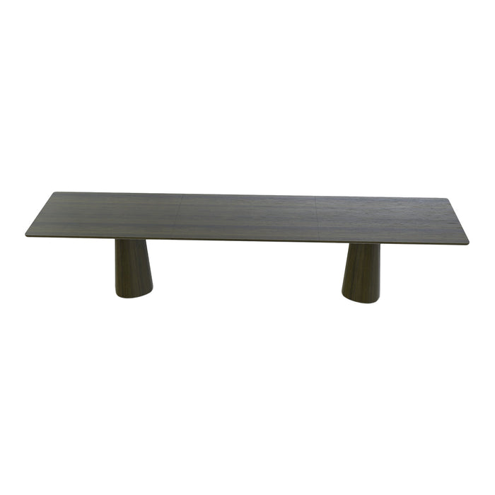 Sleek dark gray rectangular tabletop with unique cone-shaped legs, creating a modern minimalist design.