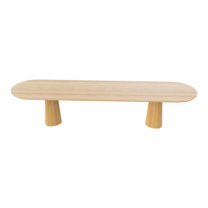 Light wood color bench with a smooth, oval top and two cylindrical legs, showcasing a simple, modern design.