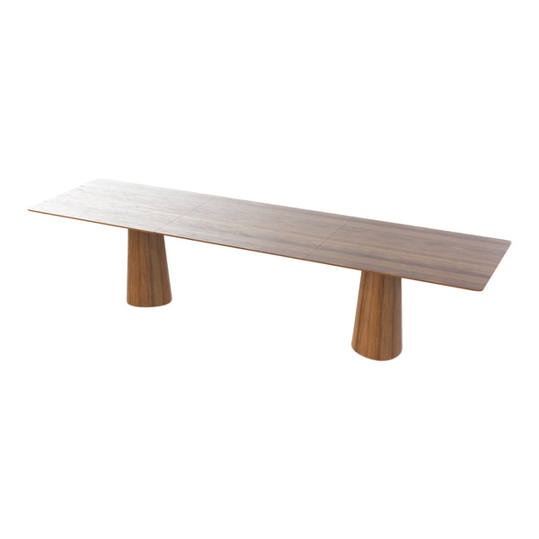 Natural wood dining table with a smooth, walnut finish and cylindrical legs, showcasing a minimalist design.