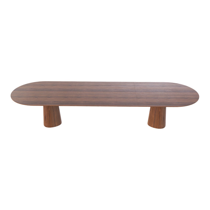 Brown wooden coffee table with a sleek, oval design and textured grain pattern. Stylish and modern home decor piece.