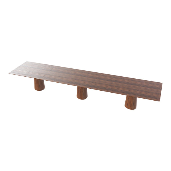 Long wooden bench with a rich walnut finish and three unique, cylindrical bases. Modern minimalist design.