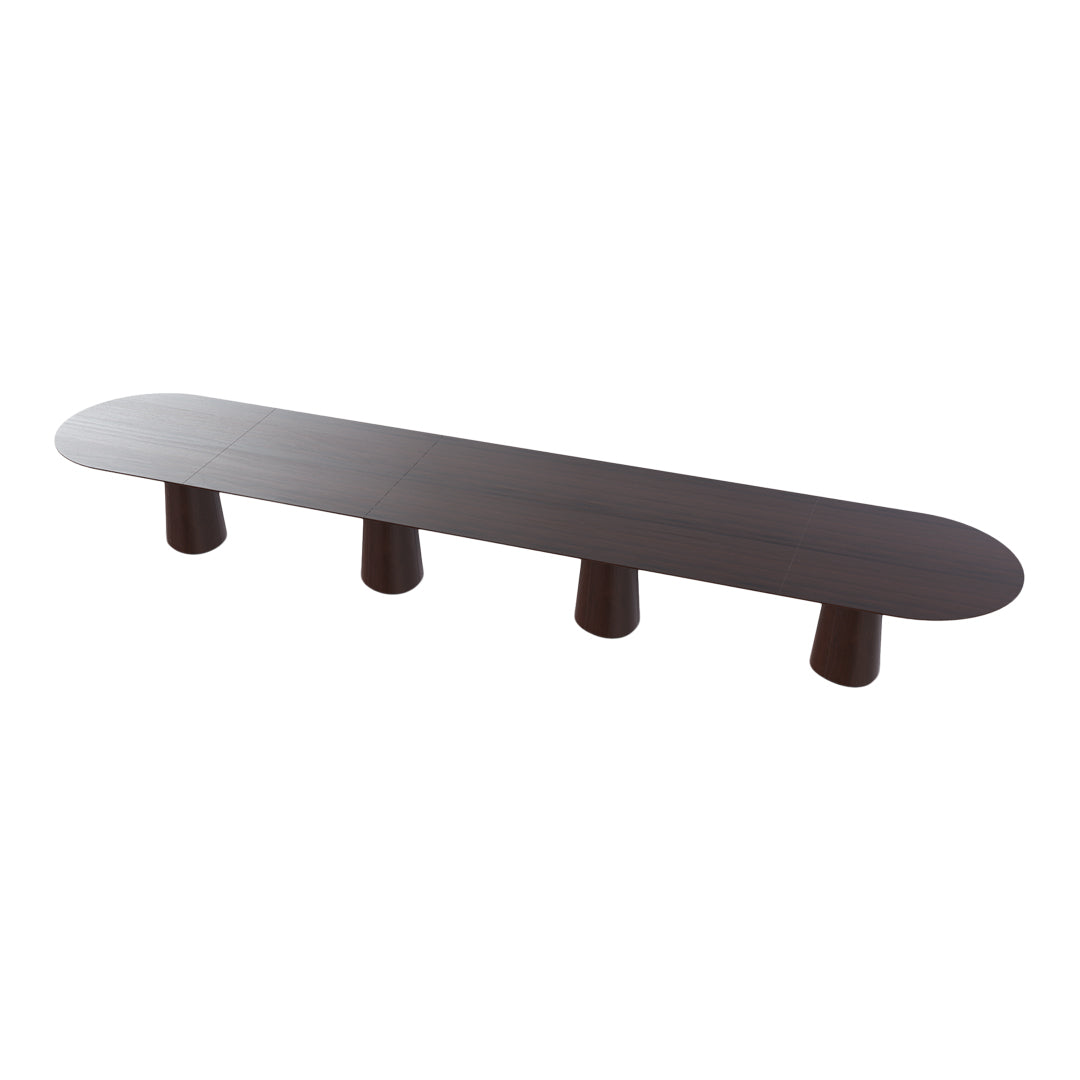 Long oval brown table with a smooth surface and four tapered feet, featuring a sleek, modern design.