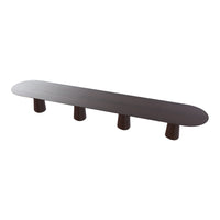 Long oval brown table with a smooth surface and four tapered feet, featuring a sleek, modern design.