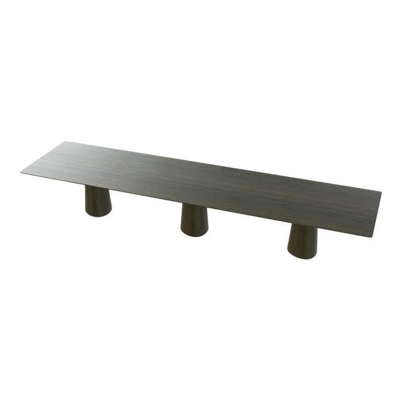 Stylish long bench with a sleek dark finish and minimalist design, featuring three cylindrical legs.