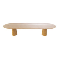 Light wood oval coffee table with textured cylindrical legs, featuring a minimalist design and natural finish.