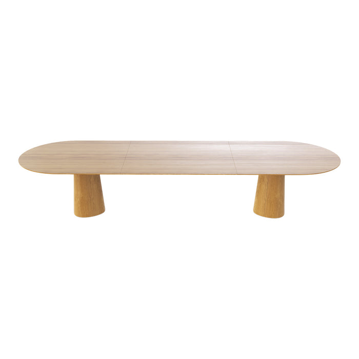 Light wood oval coffee table with textured cylindrical legs, featuring a minimalist design and natural finish.