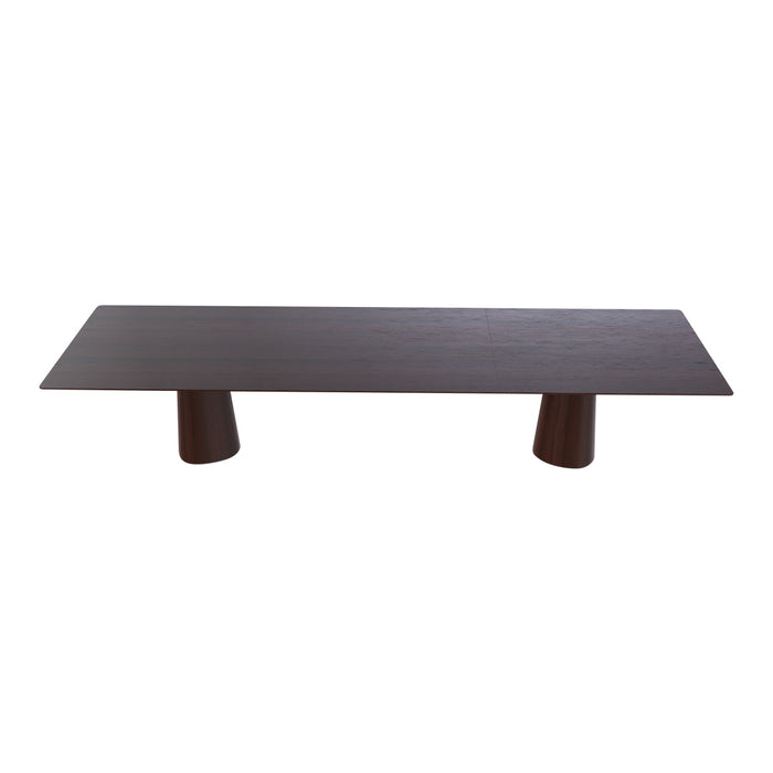 Dark wood coffee table with a smooth, rectangular top and uniquely shaped light wood legs.