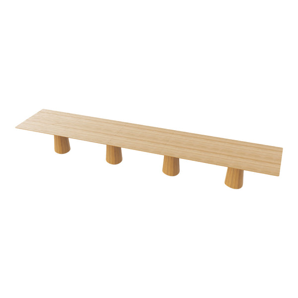 Natural wood bench with a smooth, light tan finish and minimalistic design, featuring four cylindrical legs.
