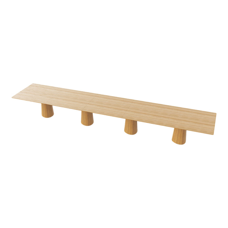 Natural wood bench with a smooth, light tan finish and minimalistic design, featuring four cylindrical legs.