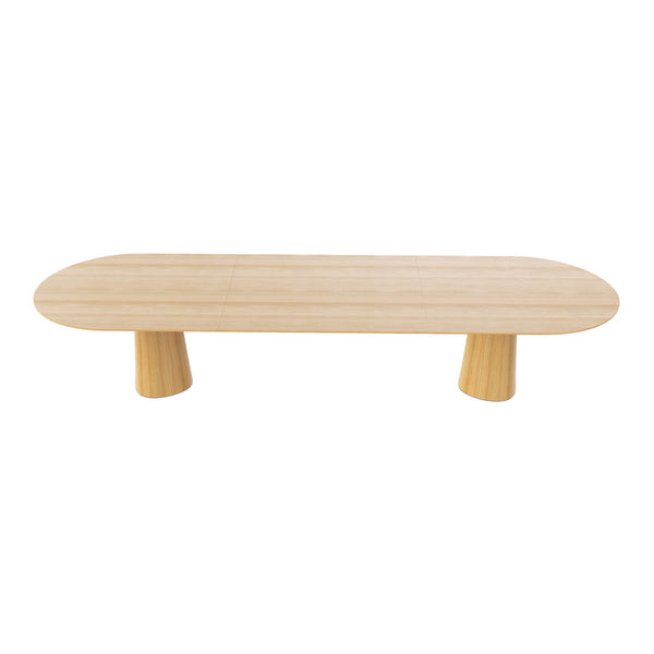 Light wood oval coffee table with a smooth finish and minimalist design, featuring cylindrical legs.