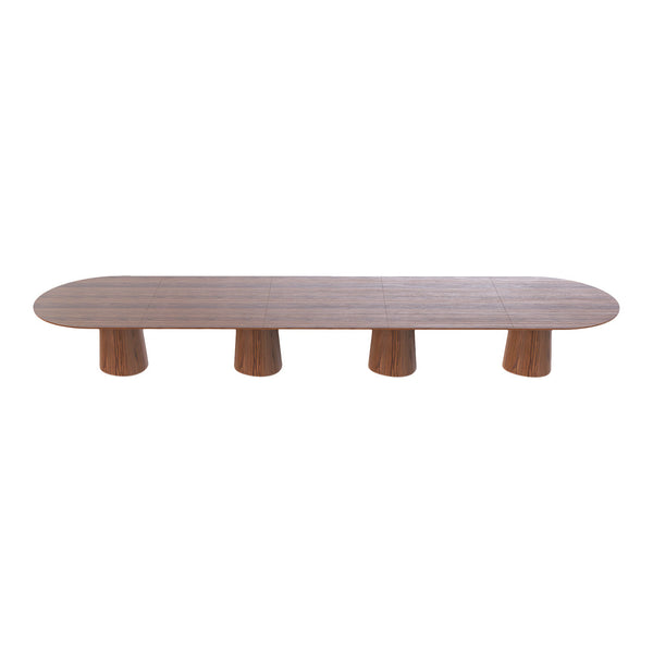 Oval wooden table in warm natural tones with a smooth surface and textured cylindrical legs. Ideal for modern decor.