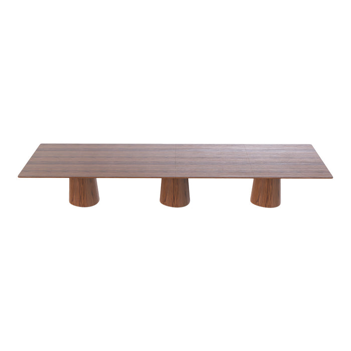 Long rectangular wooden table with a smooth brown finish and three rounded pedestal legs. Elegant and minimalistic design.