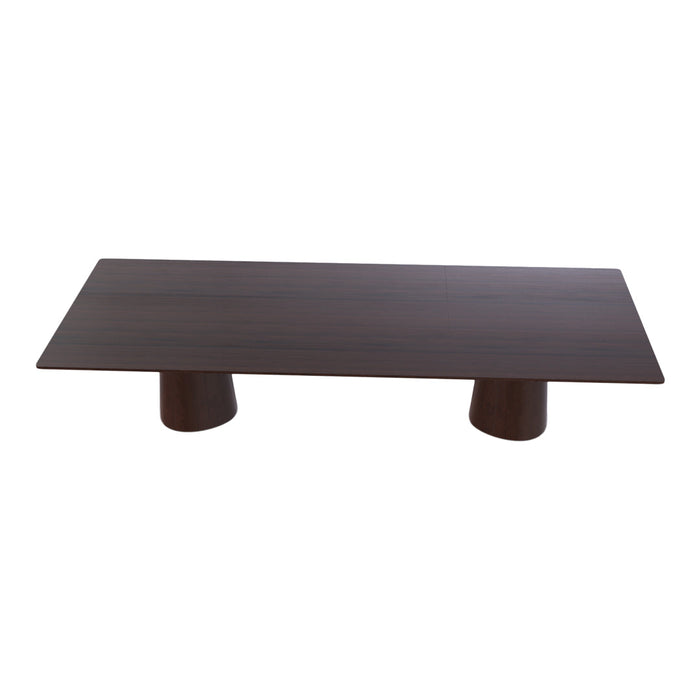 Dark wooden coffee table with a smooth surface and simple cylindrical legs, offering a sleek, modern design.
