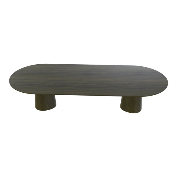 Wooden oval coffee table in a rich gray finish with a smooth surface and thick cylindrical legs.