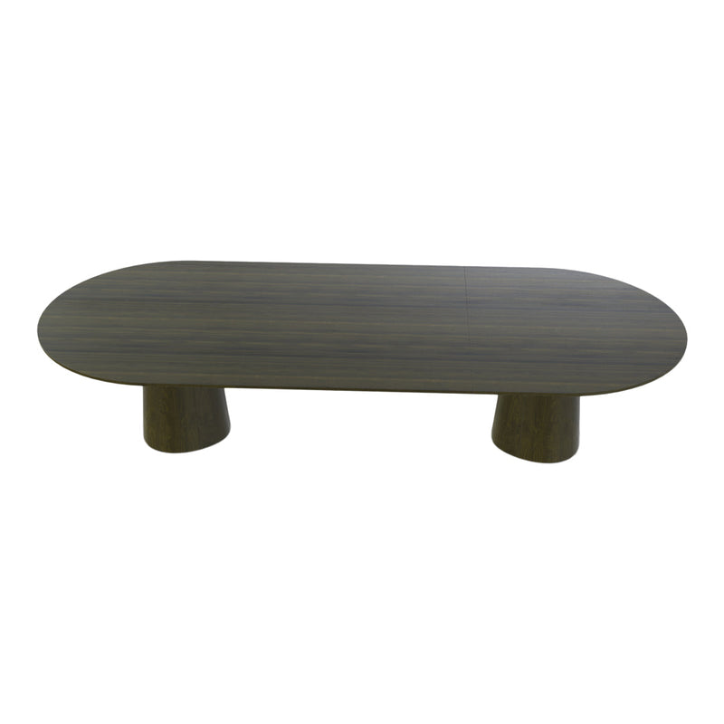 Wooden oval coffee table in a rich gray finish with a smooth surface and thick cylindrical legs.