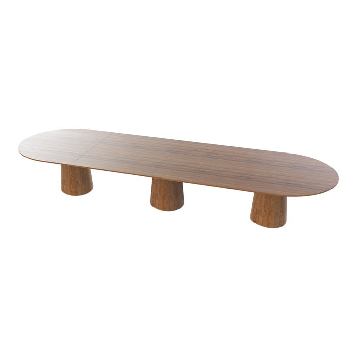 Modern oval coffee table with a rich walnut finish and unique three-legged design. Elegant wood grain pattern.