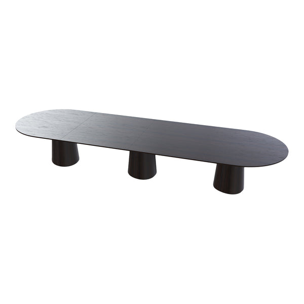 Sleek black oval coffee table with matte finish and three cylindrical legs, perfect for modern decor.