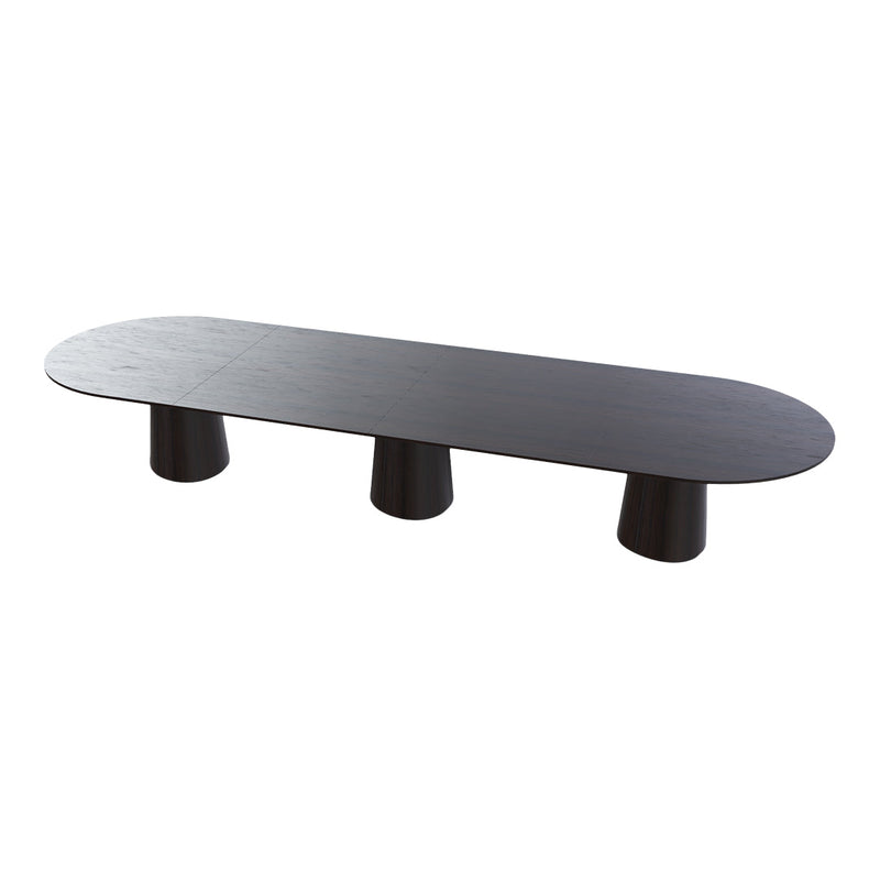 Sleek black oval coffee table with matte finish and three cylindrical legs, perfect for modern decor.